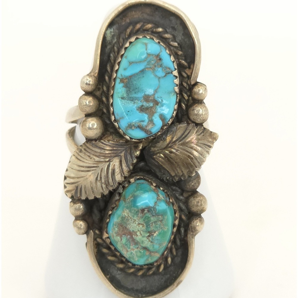Navajo Raw Turquoise Nugget 925 Sterling Silver Finger Ring Sawtooth Size 9.5
